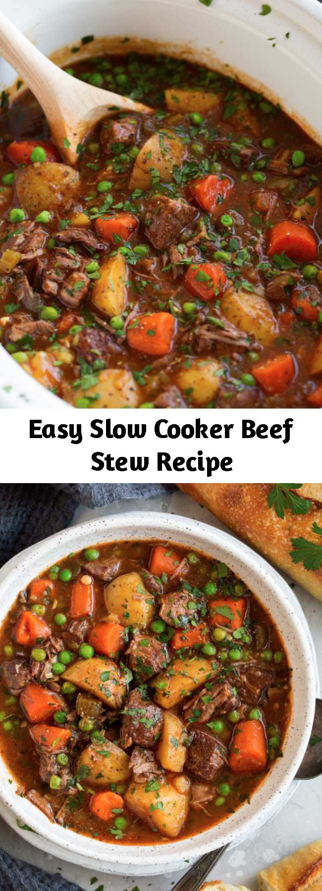 Easy Slow Cooker Beef Stew Recipe - This beef stew is the definition of comfort food! It is packed with flavor and that low and slow cooking yields the most tender beef. A staple recipe! Perfect cozy comfort food! #beefstew #soup #crockpot #recipe