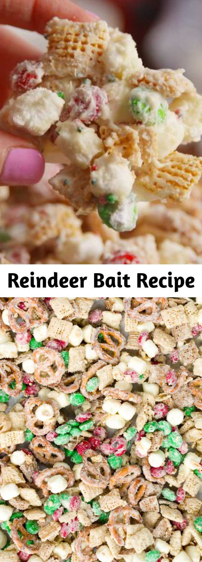 Reindeer Bait Recipe - Don't even think about heading to a Christmas party without a batch of this. #easy #recipe #reindeer #bait #reindeerpoop #chexmix #snacks #mm #kids #christmas #marshmallows #trailmix #pretzels #salty #sweet #nobake #dessert