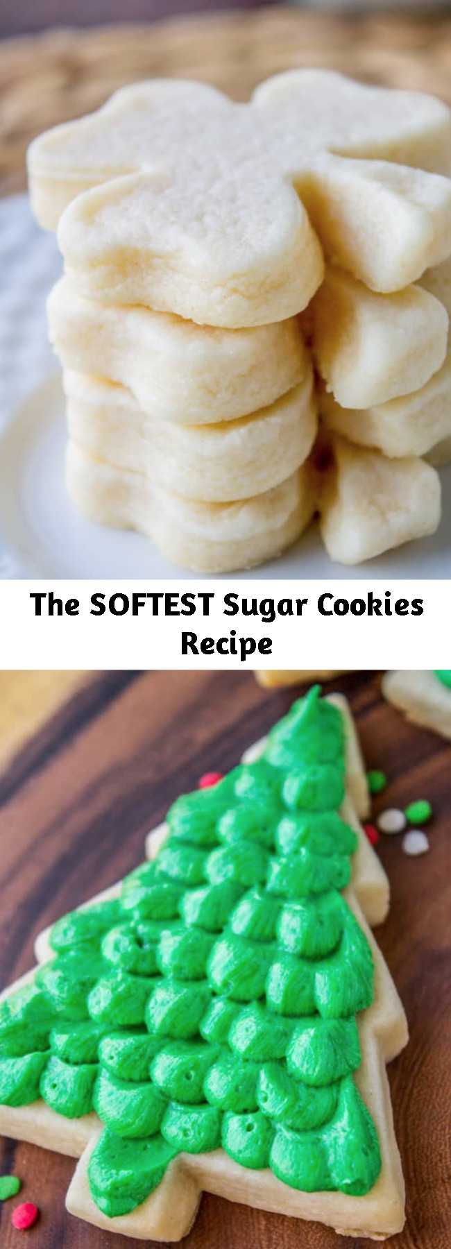 The SOFTEST Sugar Cookies Recipe - A secret ingredient in this sugar cookies recipe makes these cookies the SOFTEST and most flavorful cookies of your life! And they even hold their shape after baking, so you get exactly what you want instead of sad blob cookies.