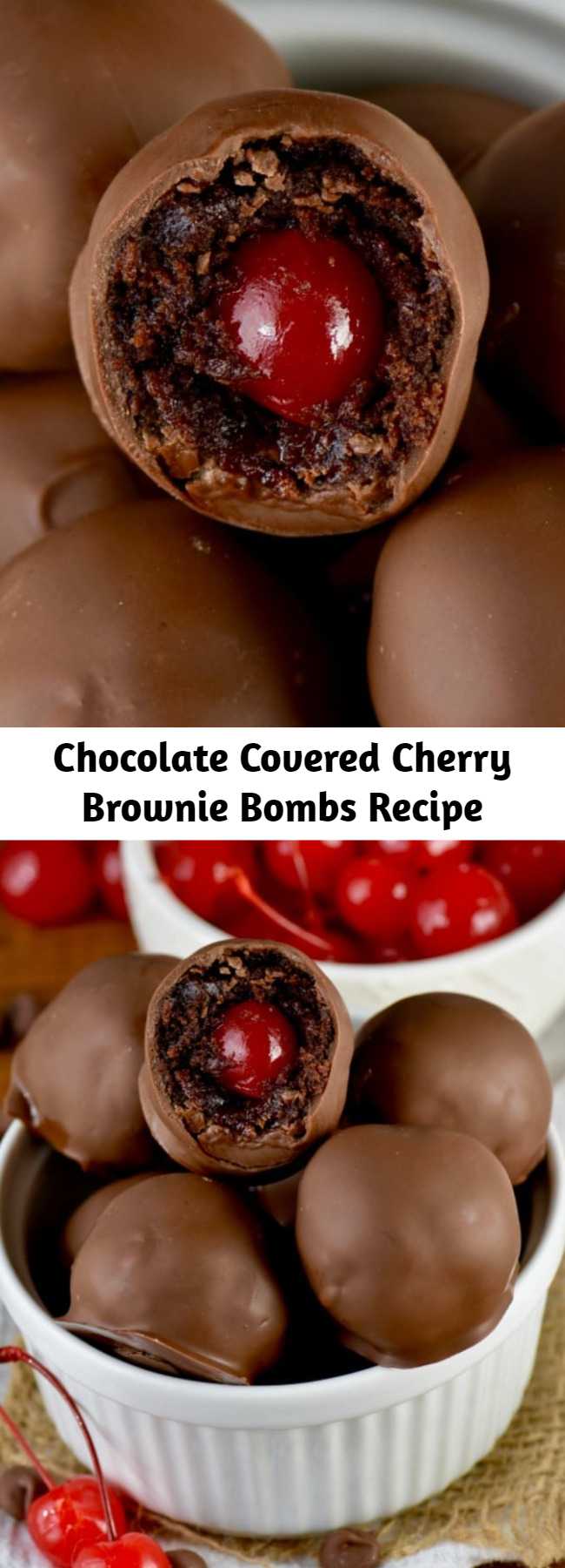 Chocolate Covered Cherry Brownie Bombs Recipe - These Chocolate Covered Cherry Brownie Bombs are delicious bites of brownie surrounding cherries and then dipped in chocolate! These tiny little truffles of amazingness are easy enough to make, but even easier to eat!