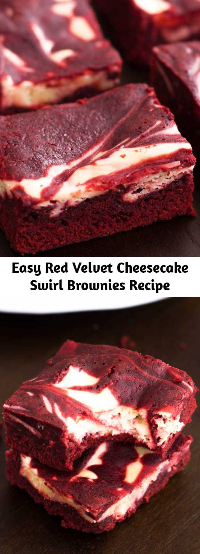 Easy Red Velvet Cheesecake Swirl Brownies Recipe - Chewy, moist, decadent red velvet brownies swirled with cheesecake.
