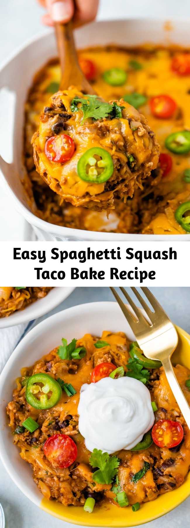 Easy Spaghetti Squash Taco Bake Recipe - This spaghetti squash taco bake combines low-carb spaghetti squash with ground turkey, taco seasoning, salsa and cheese for a delicious, healthy and easy dinner.