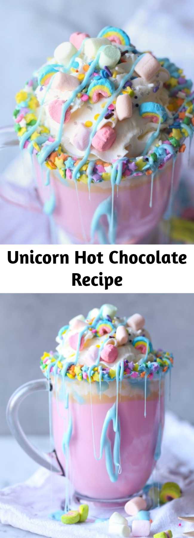 Unicorn Hot Chocolate Recipe - A magical pastel rainbow of color, fluffy mini marshmallows and a warm and creamy white chocolate make this Unicorn Hot Chocolate the stuff of little girls' dreams.