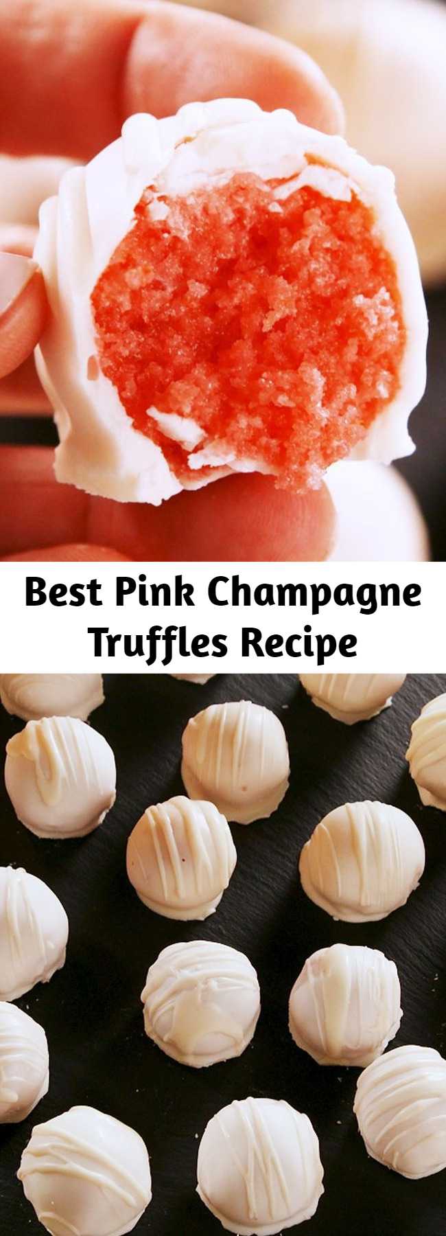 Best Pink Champagne Truffles Recipe - These pretty truffles start with the coolest cake mix hack. You whisk champagne into the batter. Don't worry, not all the booze bakes off—there's also a little bubbly in the frosting.
