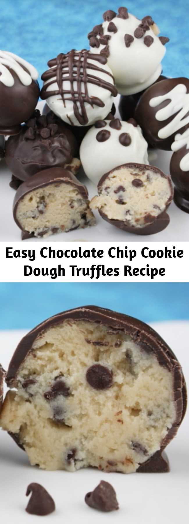 Easy Chocolate Chip Cookie Dough Truffles Recipe - These Chocolate Chip Cookie Dough Truffles are little bites of egg free chocolate chip cookie dough covered in a chocolate coating. SO GOOD.