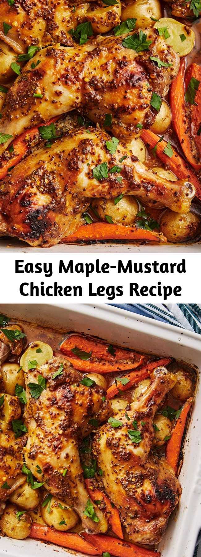 Easy Maple-Mustard Chicken Legs Recipe - Baked chicken leg quarters brushed with plenty of a maple mustard glaze make the perfect weeknight dinner.