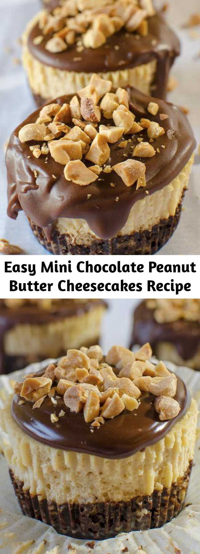 Easy Mini Chocolate Peanut Butter Cheesecakes Recipe - Mini Chocolate Peanut Butter Cheesecakes are delicious individual portions of peanut butter cheesecakes with chocolate graham cracker crust and chocolate ganache topping. This cute homemade cheesecake recipe is a great dessert for your child’s school bake sale, or your next party!