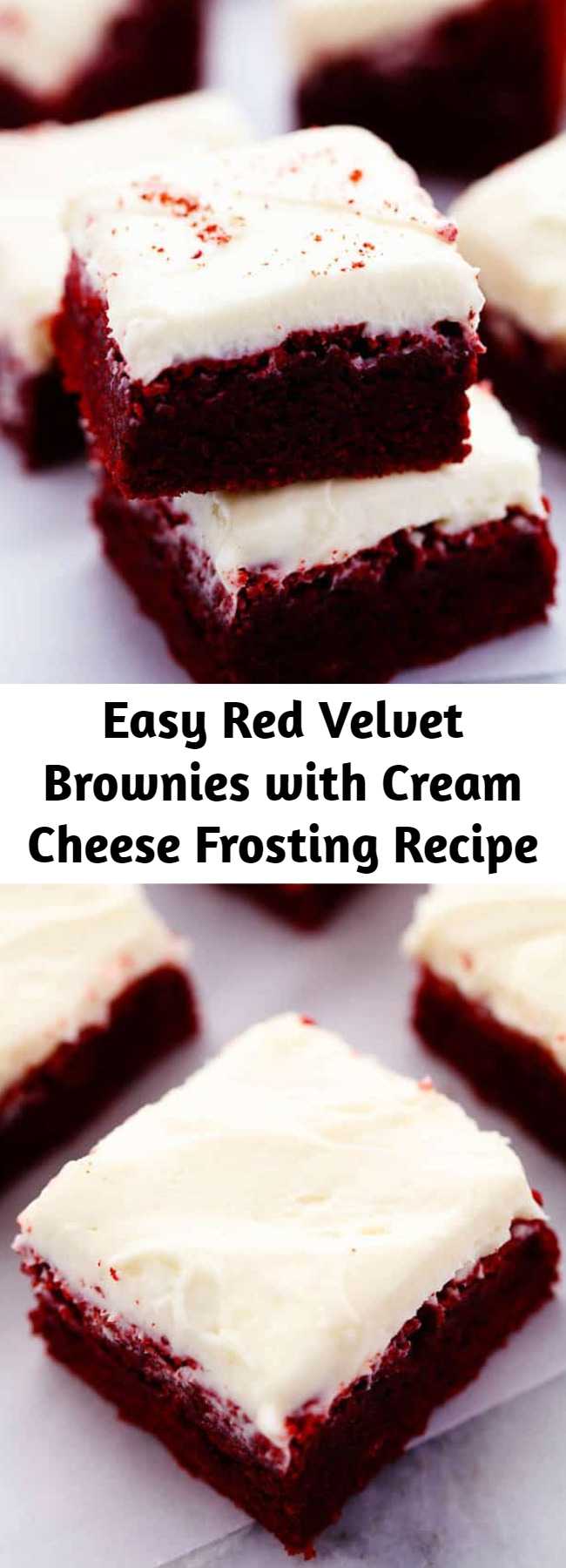 Easy Red Velvet Brownies with Cream Cheese Frosting Recipe - These red velvet brownies are seriously the perfect brownie recipe! Perfectly moist and chewy with the bright red color. The cream cheese frosting is the perfect finishing touch! These are AMAZING!