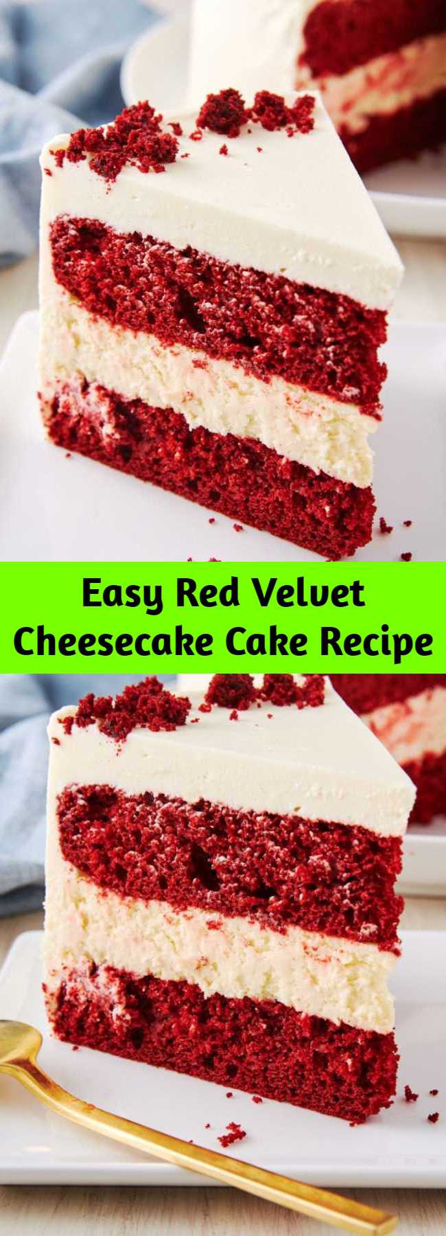 Easy Red Velvet Cheesecake Cake Recipe - Nothing screams Christmas dessert like red velvet cake. We made it even crazier by layering two cakes between a thick layer of plain cheesecake. #easy #recipe #redvelvet #cheesecake #cake #baking #desserts #holidays #christmas #menuideas #creamcheese #frosting