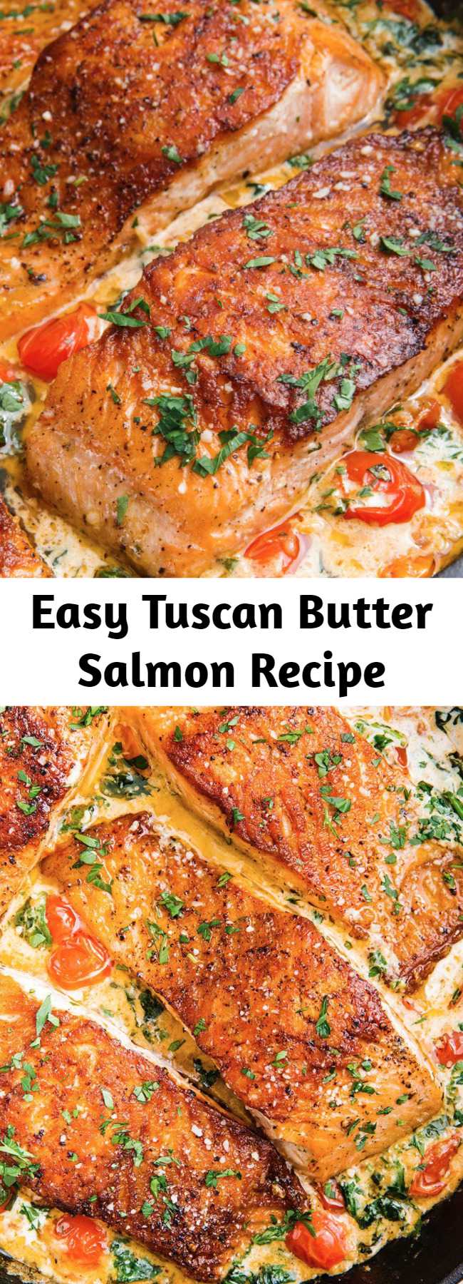 Easy Tuscan Butter Salmon Recipe - There's a reason this is one of our most popular recipes of all time. The tomato-and-basil cream sauce with Parmesan is unbelievably dreamy. We make it often for friends and family because we love it so much. #healthyrecipes #easyrecipes #weeknightdinners #salmon #tuscanbuttersalmon