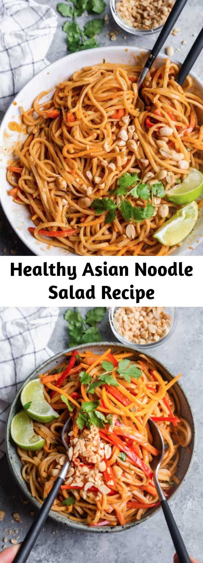 Healthy Asian Noodle Salad Recipe - This bright and colorful Asian Noodle Salad is a gluten-free vegan meal that's filled with fresh vegetables and tossed in a spicy creamy nutty dressing #noodles #asianfood #healthyrecipes #salad