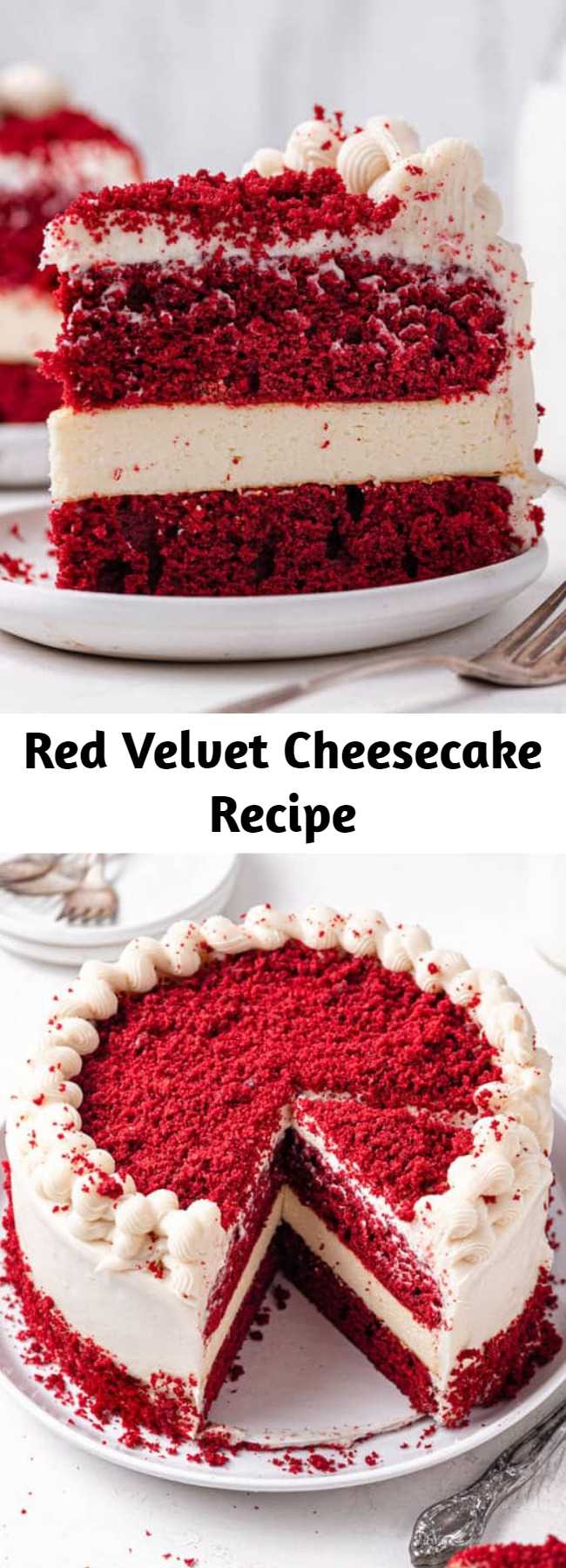 Red Velvet Cheesecake Recipe - Layers of tender red velvet cake sandwich velvety cheesecake in this absolutely decadent Red Velvet Cheesecake. A must for Valentine's Day!