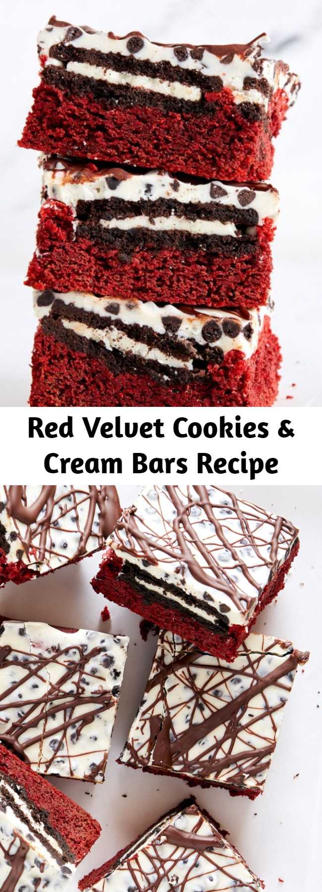 Red Velvet Cookies & Cream Bars Recipe - You can turn red velvet cake mix into decadent brownies with this recipe. For the cookies & cream lovers in your life, these bars are the ultimate.