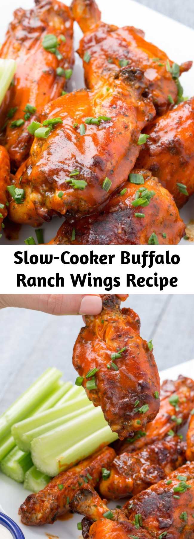 Slow-Cooker Buffalo Ranch Wings Recipe - Any true football fan knows that Game Day isn't complete without buffalo ranch something. These are doused in ranch seasoning and sprinkled with fresh chives for extra flavor.