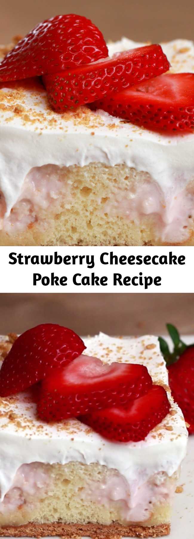 Strawberry Cheesecake Poke Cake Recipe - If you’re stuck in a dessert rut, poke cake is just the recipe you need to try. It’s low-maintenance to bake, and it’s always a crowd pleaser. Poke holes using the back of a wooden spoon into a simple vanilla cake base, then cover the cake with a mixture of strawberries, cream cheese, and condensed milk. Once the cake is done chilling, it’ll be filled with pockets of sweet berry deliciousness.