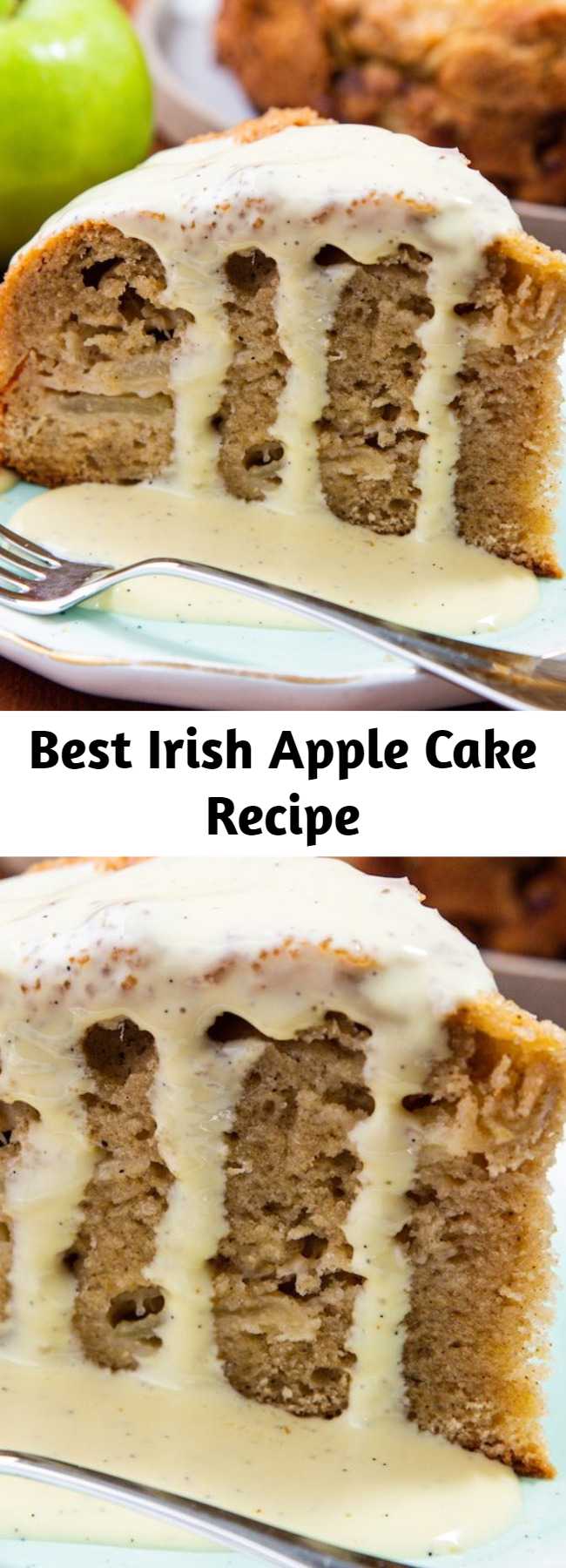 Best Irish Apple Cake Recipe - A classic cake boasting tons of apples, lots of warm spices, a crispy sugar topping, and a rich vanilla custard sauce. This tender cake is jam-packed with apples, which is why we think it's perfectly appropriate to eat a slice for breakfast. 😉