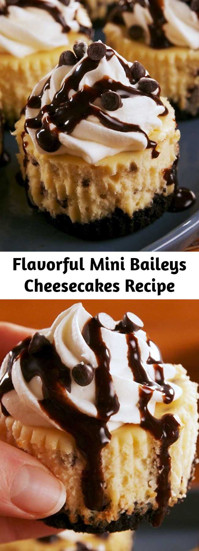 Flavorful Mini Baileys Cheesecakes Recipe - They might be small, but they're bursting with creamy, chocolaty flavor. We're hooked. #easy #recipe #baileys #chocolate #dessert #dessertrecipes #alcohol #stpatricksday #stpaddysday #partyideas