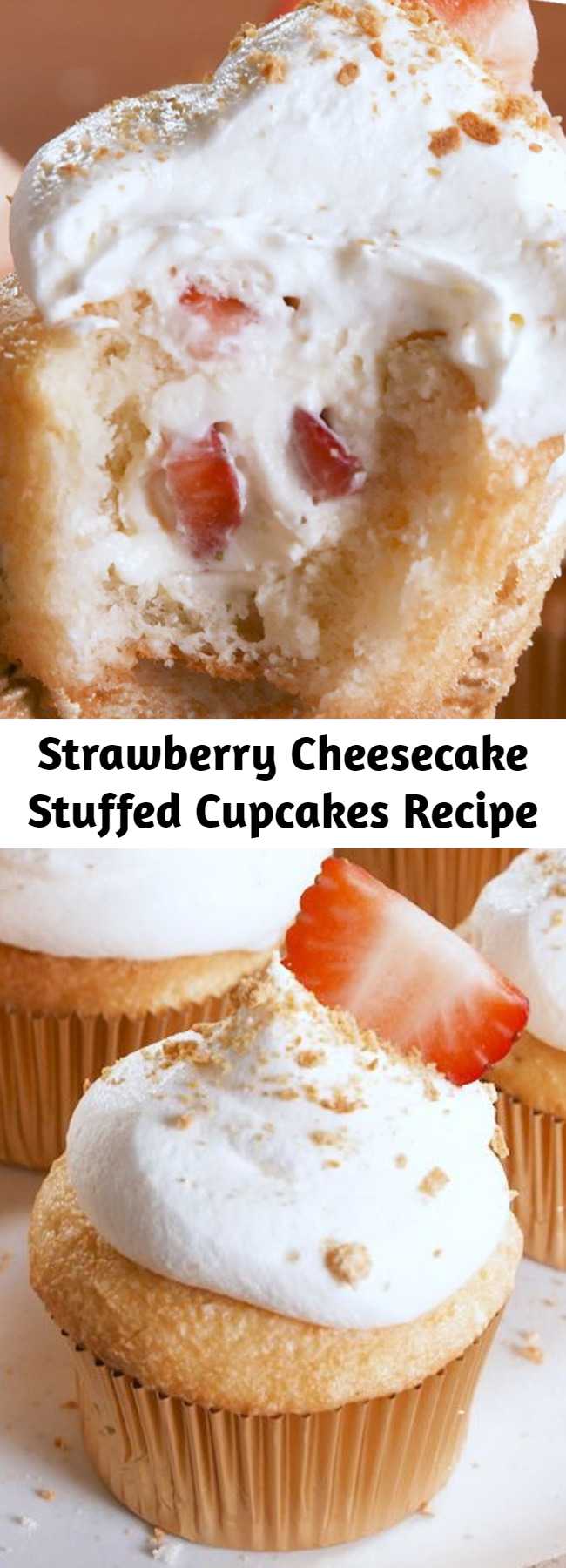 Easy Strawberry Cheesecake Stuffed Cupcakes Recipe - Strawberry Cheesecake STUFFED Cupcakes are your two favorite desserts in one. #recipe #easyrecipe #easy #dessert #dessertrecipe #baking #cheesecake #cheese #cake #whippedcream #berries #fruit #strawberries #cupcakes