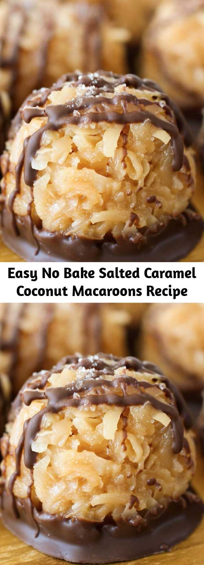 Easy No Bake Salted Caramel Coconut Macaroons Recipe - These No-Bake Salted Caramel Coconut Macaroons are so very easy that they may just become your go-to cookie recipe when you need something fast. Sweet coconut gets stirred into gooey caramel to form macaroons - then everything gets dipped and drizzled in chocolate. That's a lot of happiness to share!