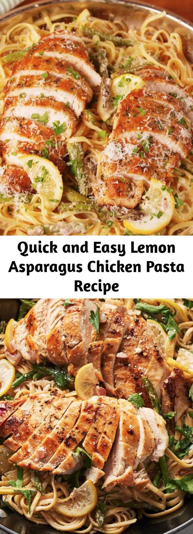 Quick and Easy Lemon Asparagus Chicken Pasta Recipe - This lemon asparagus chicken tastes like spring in the best of ways. #creamy #sauce #dinner #linguine #pasta #chicken #parmesan #asparagus #spring #veggies #onepot #lemon #quick