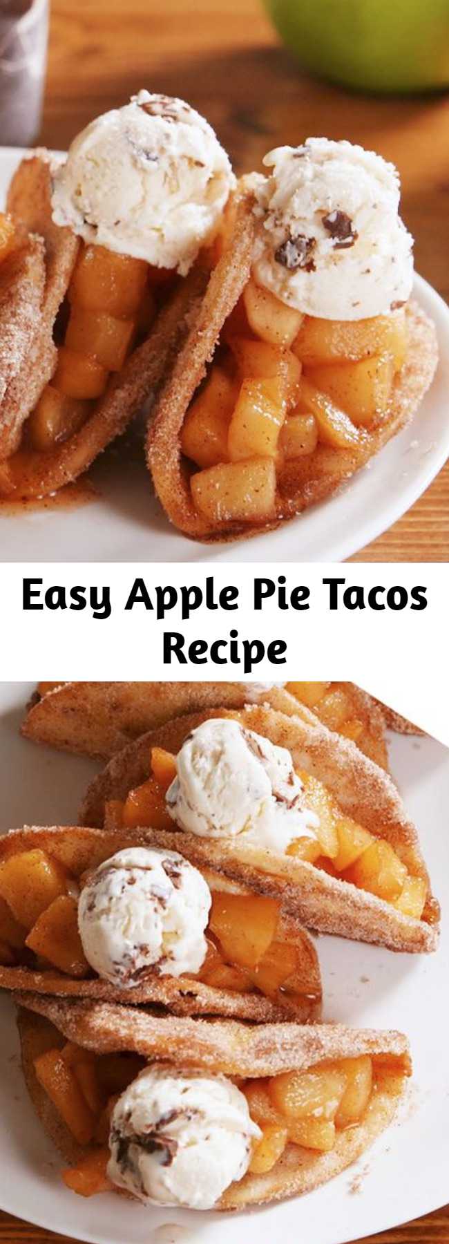 Easy Apple Pie Tacos Recipe - Don't be intimidated by the frying! It's actually easy. Once the tortilla hits the hot oil, it crisps up and keeps it shape quickly. Just know you'll need to use your tongs pretty much the whole time. #applepie #desserttacos #applepierecipes #apple #cinnamon #fruitdesserts #vanillaicecream