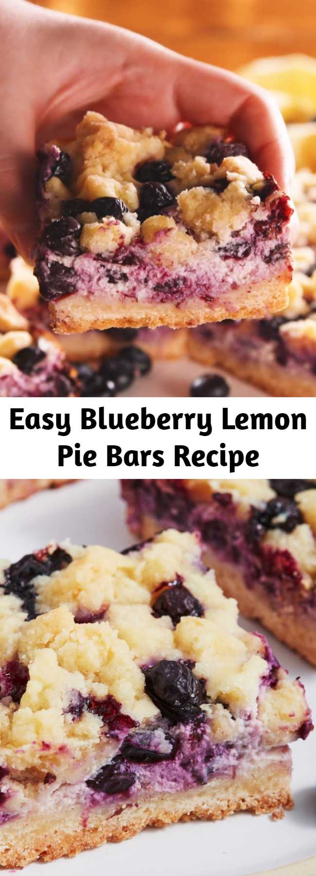 Easy Blueberry Lemon Pie Bars Recipe - Lemons and blueberries go together like spring and sunshine. They are the perfect combo and these cookie pie bars are our favourite yet! Zesty, creamy and with a steusel crumble topping, these flavoursome bars are like sunshine in cake form.