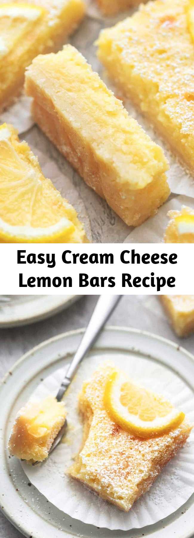 Easy Cream Cheese Lemon Bars Recipe - Cream Cheese Lemon Bars are the dessert you never knew you needed, but bake them once, and you'll never go without them again. Sweet, cream cheesy, lemony, buttery, and so easy!