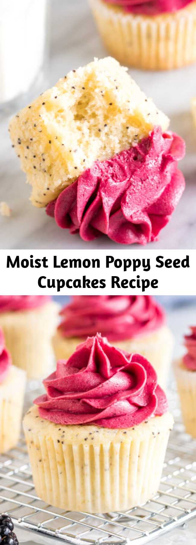 Moist Lemon Poppy Seed Cupcakes Recipe - Moist and tender, these lemon poppy seed cupcakes are bursting with a fresh lemon flavor and filled with tiny, crunchy poppy seeds. The blackberry frosting tastes like biting into fresh berries, and the beautiful color combination makes these absolutely stunning.