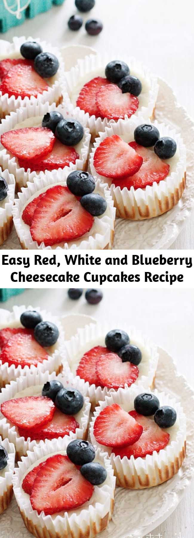 Easy Red, White and Blueberry Cheesecake Cupcakes Recipe - Mini cheesecake cupcakes made with Greek yogurt and cream cheese with a vanilla wafer crust topped with strawberries and blueberries to create a red, white and blue dessert using Mother Nature as my source for food coloring.