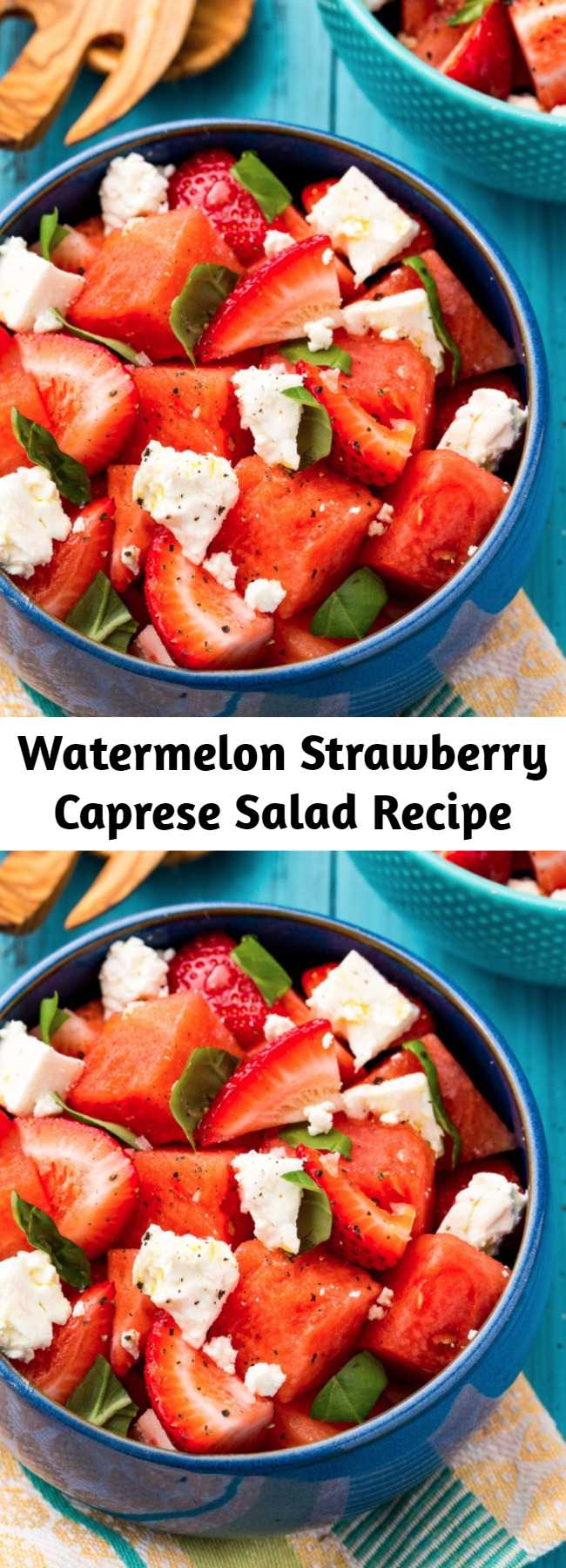 Watermelon Strawberry Caprese Salad Recipe - Switch up your summer salad game with this Watermelon Strawberry Caprese. Your guests are sure to go wild for this one.