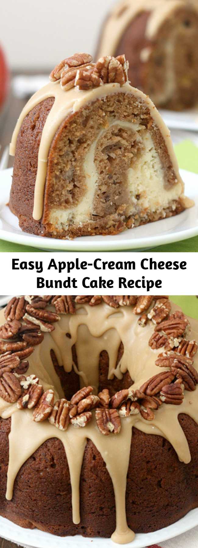 Easy Apple-Cream Cheese Bundt Cake Recipe - This bundt was the perfect dessert to kick off apple season; I could not get enough! In addition to diced apples interspersed throughout the cake, there's also applesauce in the batter for double the apple goodness. The thick pocket of cream cheese in the center is to die for, but my favorite was the sweet praline frosting on top of the cake. Dig in for dessert, or enjoy a slice for breakfast - you can't go wrong either way.