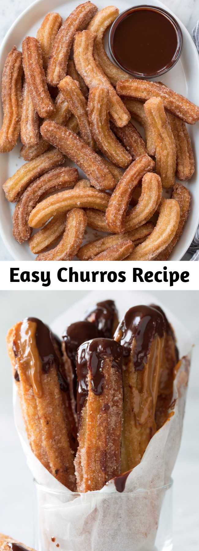 Easy Churros Recipe - There's nothing like a fresh homemade churro. Easily one of my favorite treats! They're crispy on the outside, soft and tender on the inside and they have the most irresistable flavor. Plus they're easier to make than you'd think. Always a crowd favorite! Plan on two per person or pipe out longer churros. #churros #mexicanfood #recipe #dessert