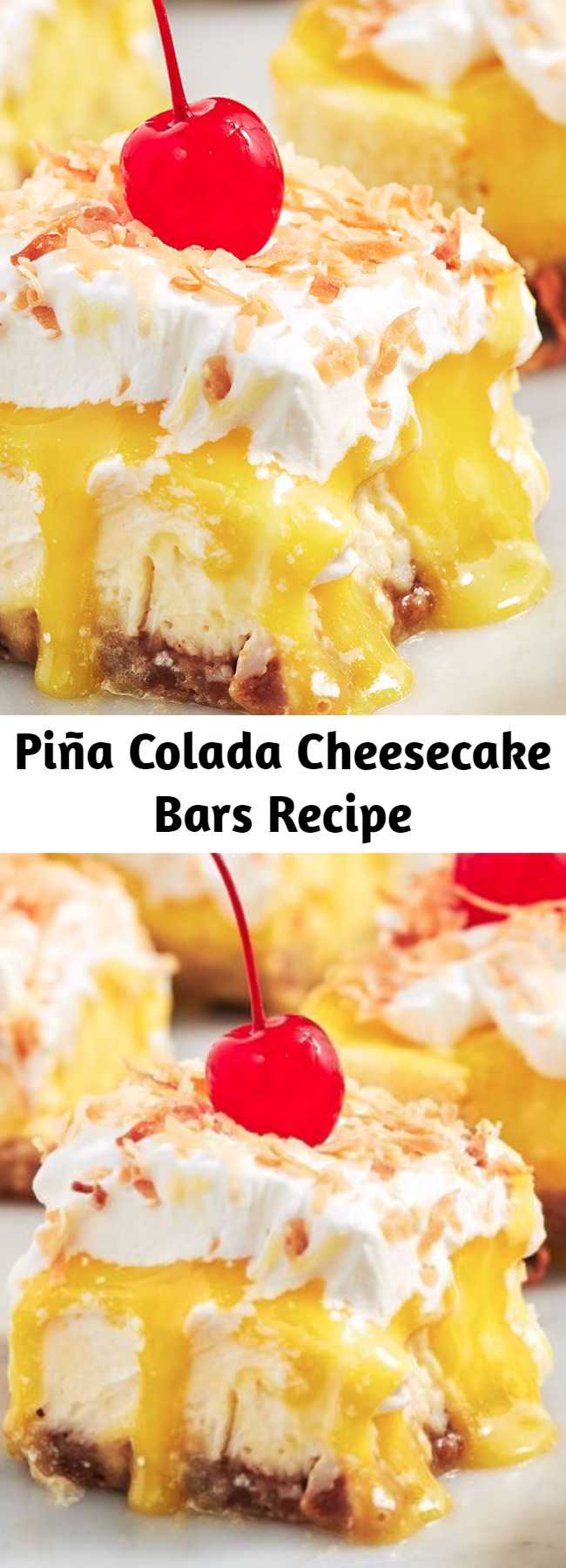 Piña Colada Cheesecake Bars Recipe - The pineapple curd on these bars is TOO good. One bite will transport you to the beach, piña colada in hand. 😎
