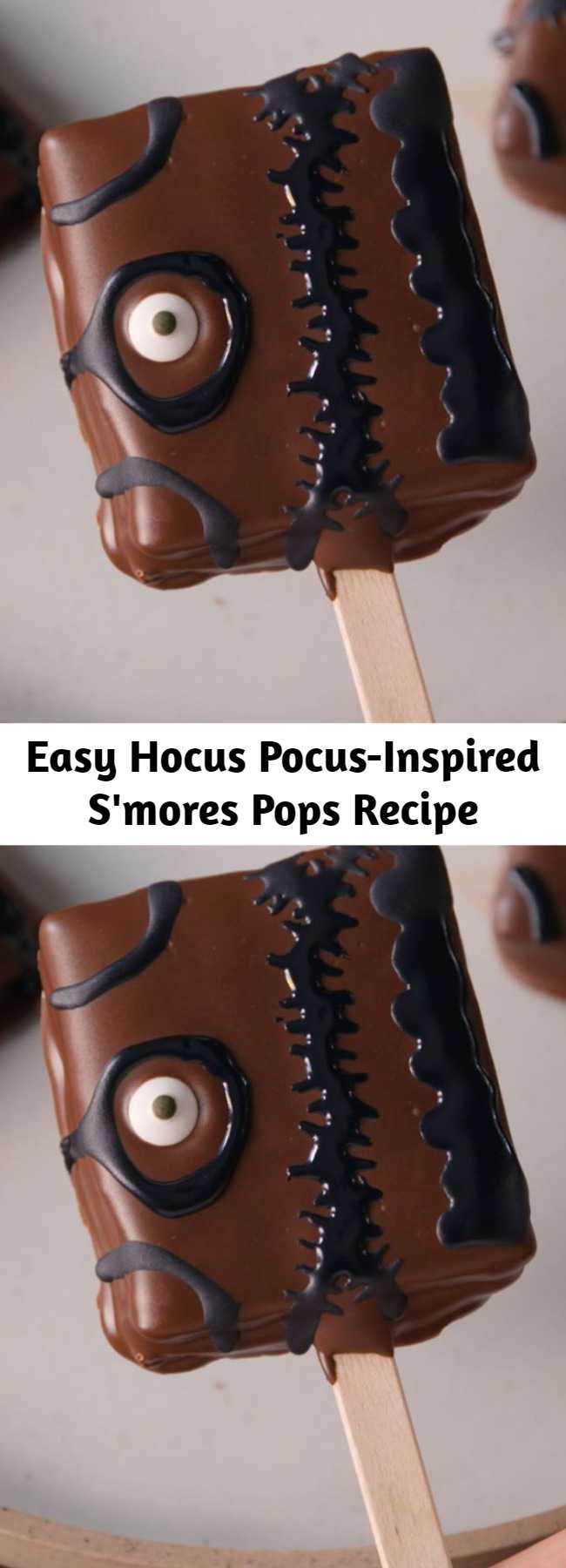 Easy Hocus Pocus-Inspired S'mores Pops Recipe - Looking for an easy Halloween dessert idea? This Hocus Pocus-Inspired S'mores Pops Recipe is the best. You'll love them even more than Bette Midler loved her booooook! (Note: You'll need popsicle sticks and candy eyes to complete the look.) #halloween #recipes #easyrecipes #diy #hocuspocus #disney #pops #hocus #pocus #smores #dessert #forparties #kids #ideas