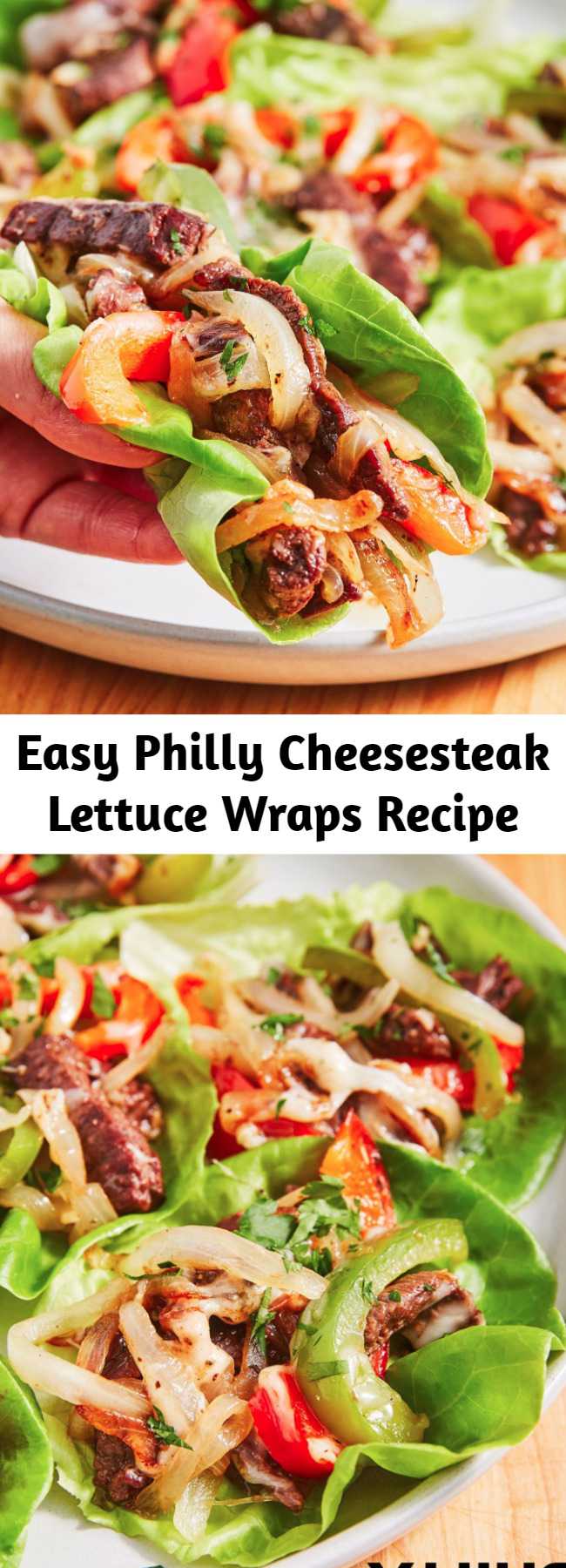 Easy Philly Cheesesteak Lettuce Wraps Recipe - You won't miss the hoagie in these low-carb Philly Cheesesteak lettuce wraps. Make your favorite sandwich without the carbs. #food #healthyeating #gf #glutenfree #easyrecipe