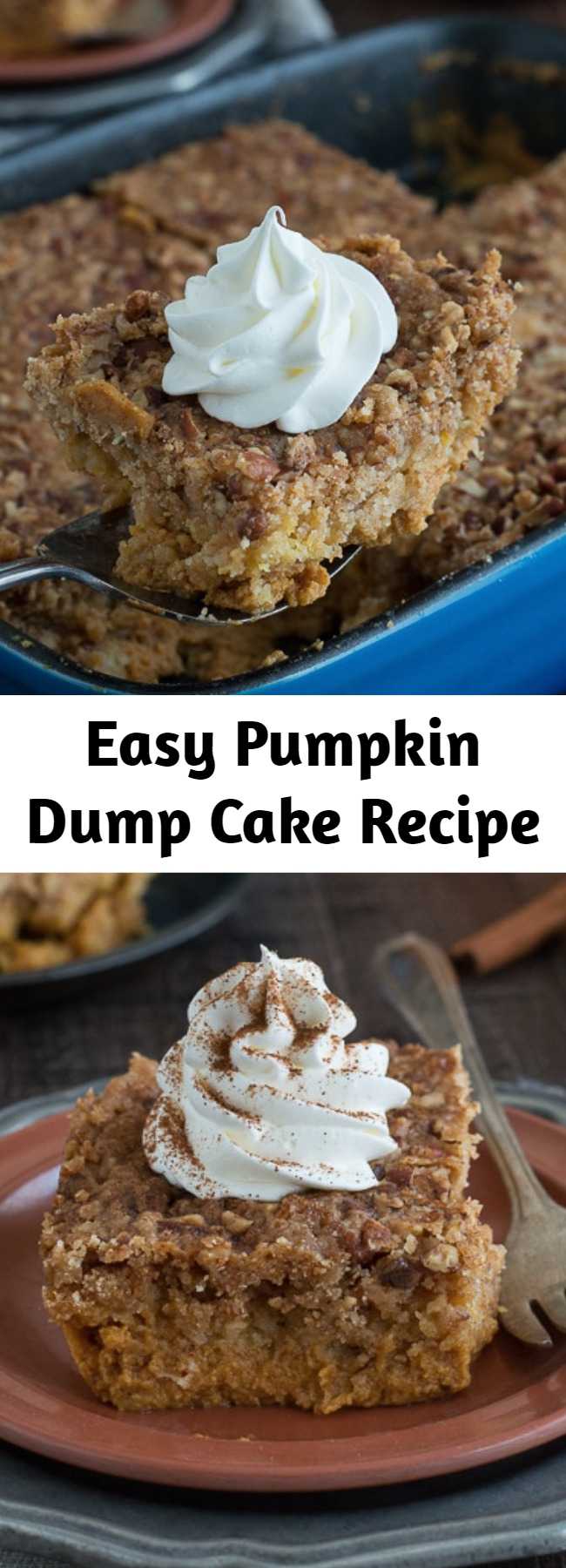 Easy Pumpkin Dump Cake Recipe - Use canned pumpkin and a box of yellow cake mix to make 8 ingredient pumpkin dump cake! Just mix, dump, and bake - it’s ready in under 1 hour! This will be a family favorite pumpkin dessert!