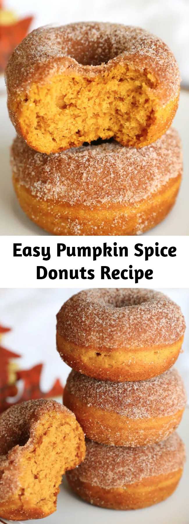 Easy Pumpkin Spice Donuts Recipe - Pumpkin Spice Donuts are your new favorite fall treat! They're baked, not fried, and they are perfectly soft + delicious and full of pumpkin spice flavor with a crunchy cinnamon sugar topping.
