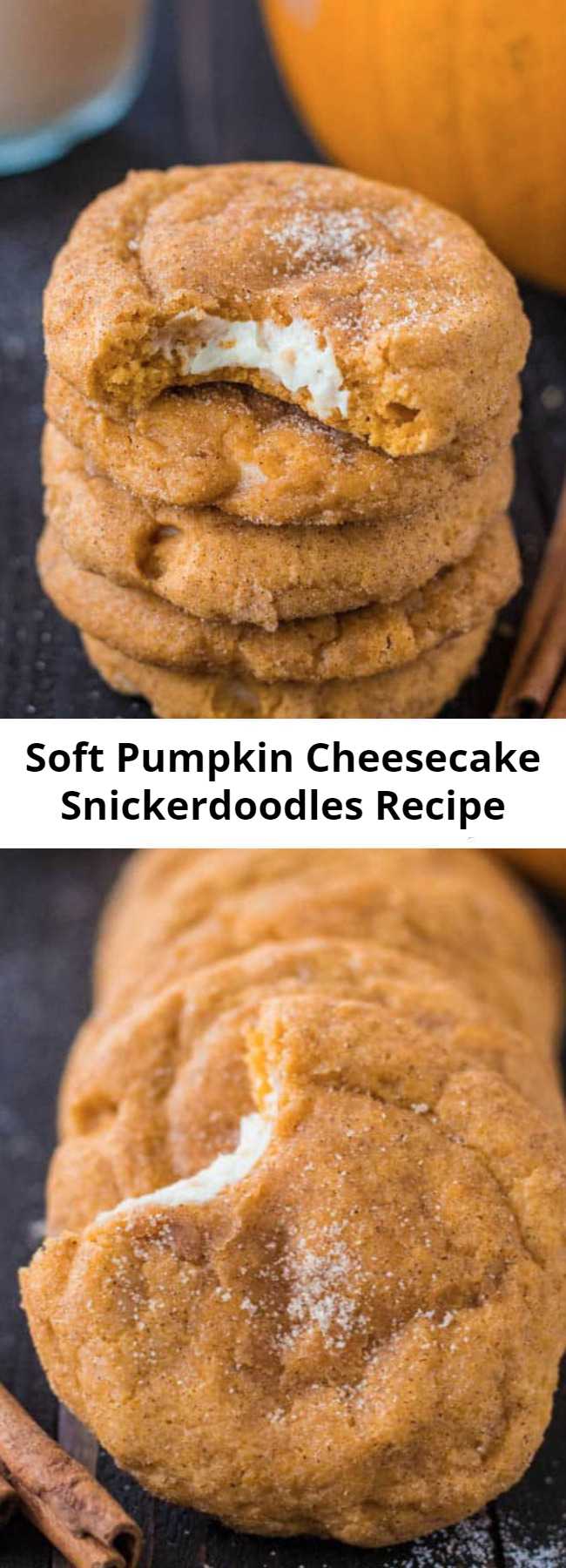 Soft Pumpkin Cheesecake Snickerdoodles Recipe - Delicious soft and puffy pumpkin snickerdoodles with a surprise cream cheese center.