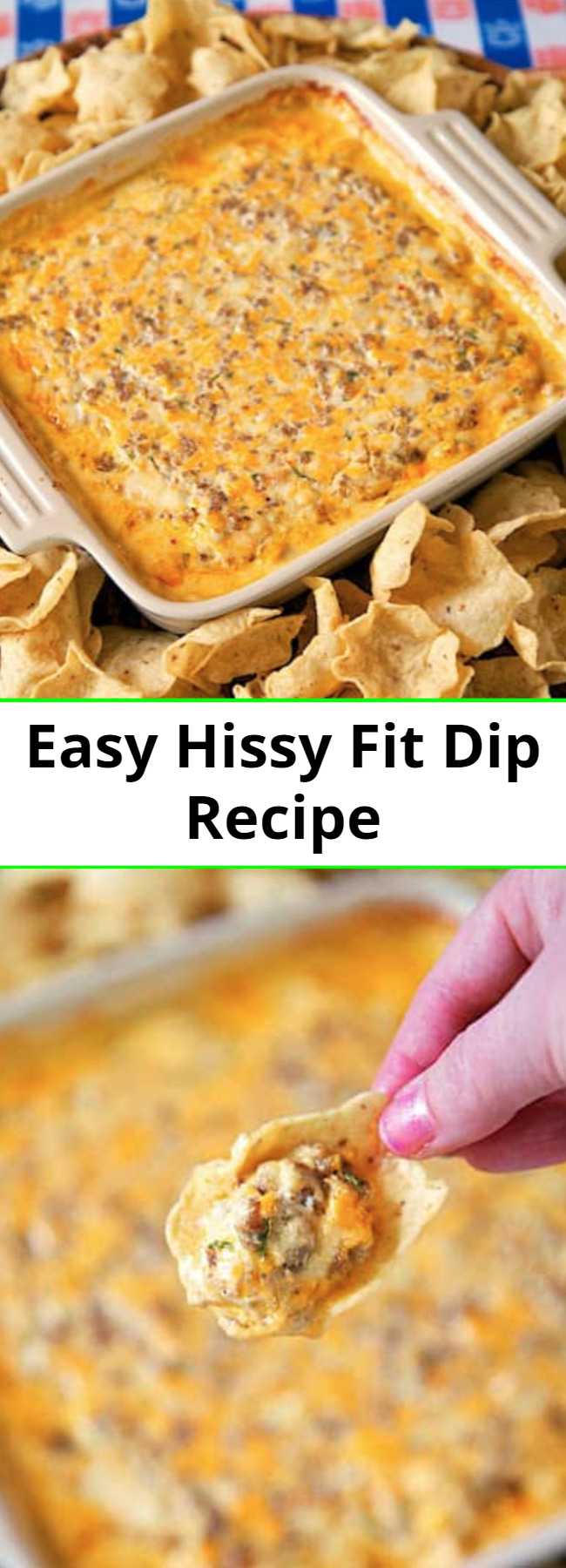 Easy Hissy Fit Dip Recipe - Sausage, sour cream, Velveeta, muenster, onion and garlic powder, Worcestershire sauce and parsley – SO good. You will definitely throw a hissy fit if you miss out on this dip! Crazy good! Can mix together and refrigerate a day before baking. Serve with chips and veggies! It is always gone in a flash!