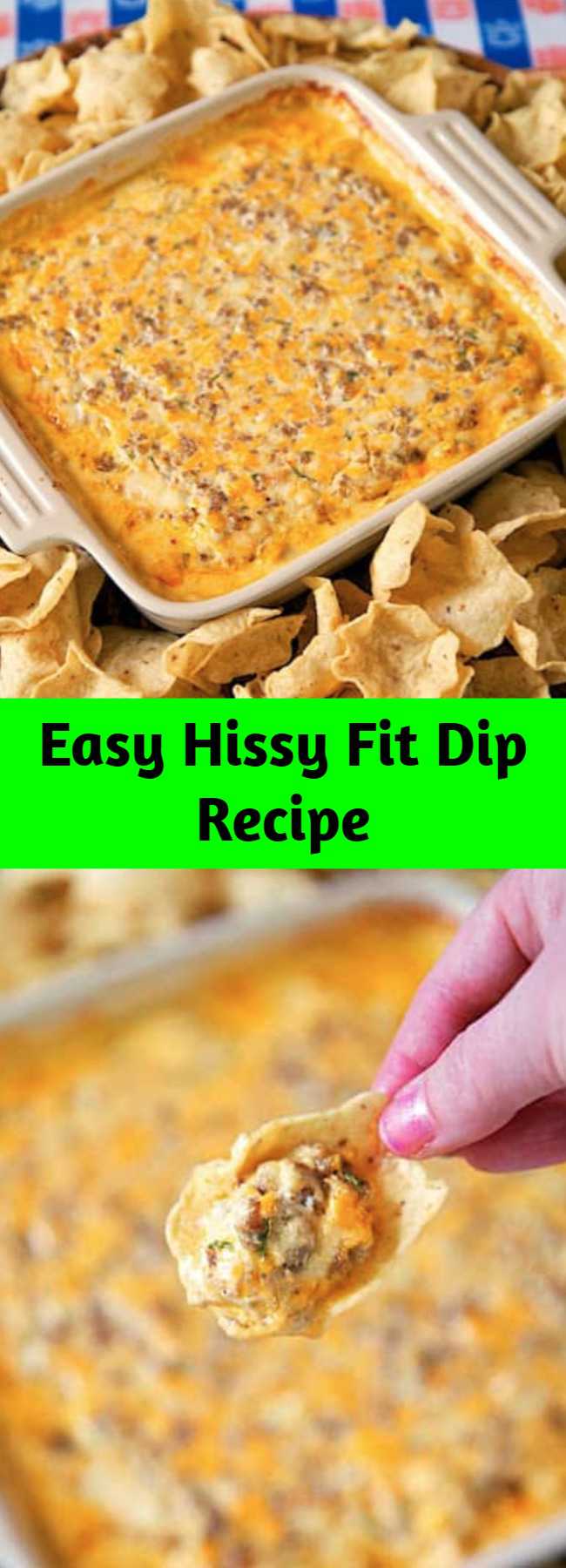 Easy Hissy Fit Dip Recipe - Sausage, sour cream, Velveeta, muenster, onion and garlic powder, Worcestershire sauce and parsley – SO good. You will definitely throw a hissy fit if you miss out on this dip! Crazy good! Can mix together and refrigerate a day before baking. Serve with chips and veggies! It is always gone in a flash!