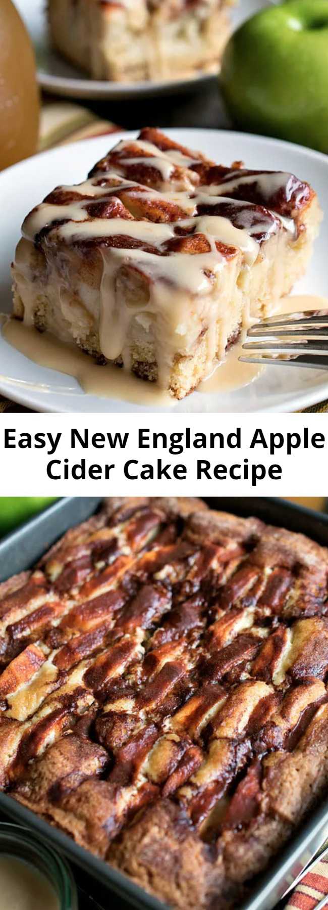 Easy New England Apple Cider Cake Recipe - Very delicious... chock full of sliced Granny Smith apples in a simple, sweet cake that gets great flavor and moisture from cinnamon, heavy cream and apple cider! This cake also has a delicious, creamy apple cider glaze that gets drizzled over the top when served!
