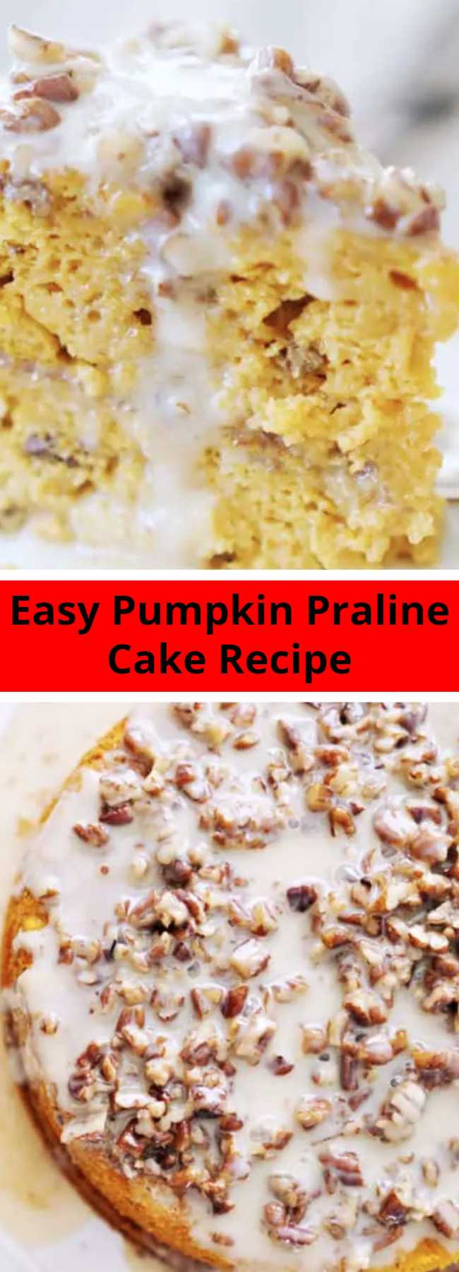 Easy Pumpkin Praline Cake Recipe - The most indulgent icing on the planet poured over a heavenly, moist, decadent and flavor packed Pumpkin Praline Cake. The EASIEST pumpkin cake recipe EVER!
