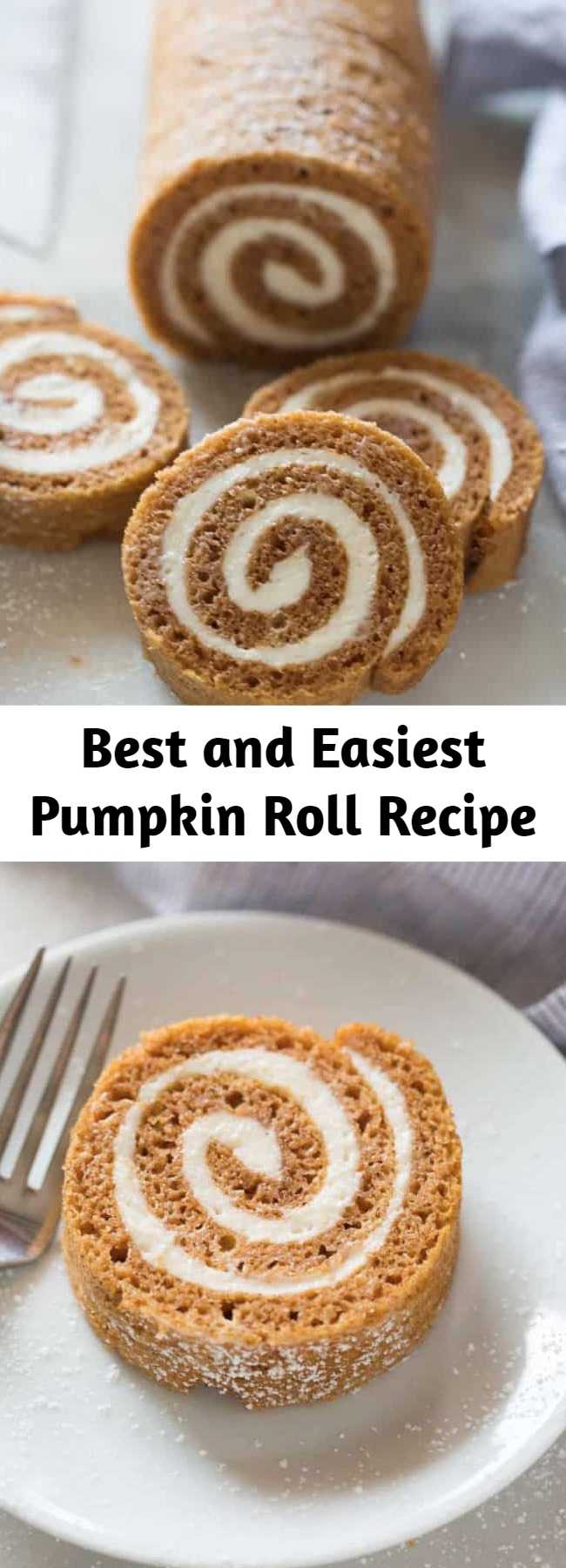 Best and Easiest Pumpkin Roll Recipe - I’ve got one simple trick that makes this classic Pumpkin Roll recipe EASY and mess-free! This classic pumpkin roll recipe is made with a delicious pumpkin cake, rolled up with a fluffy cream cheese filling. It has the best soft texture and flavor with a delicious cream cheese filling.  Always a crowd favorite, and easier than ever to make!