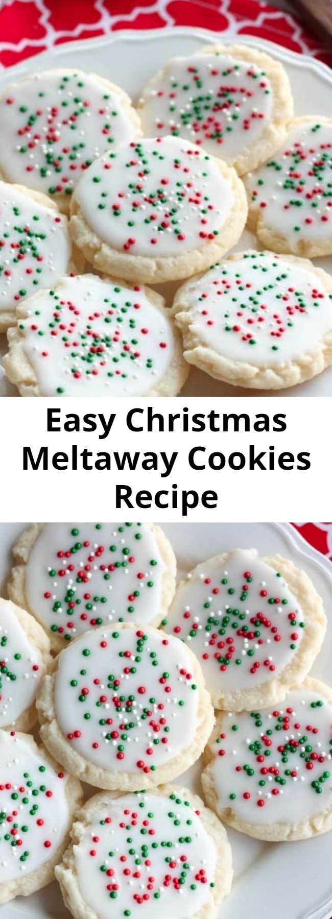 Easy Christmas Meltaway Cookies Recipe - Meltaway cookies are a soft, lightly sweet shortbread cookie that literally melts away in your mouth. Top it with a thin glaze and red and green sprinkles for a festive Christmas cookie treat. #christmascookies #cookieexchange