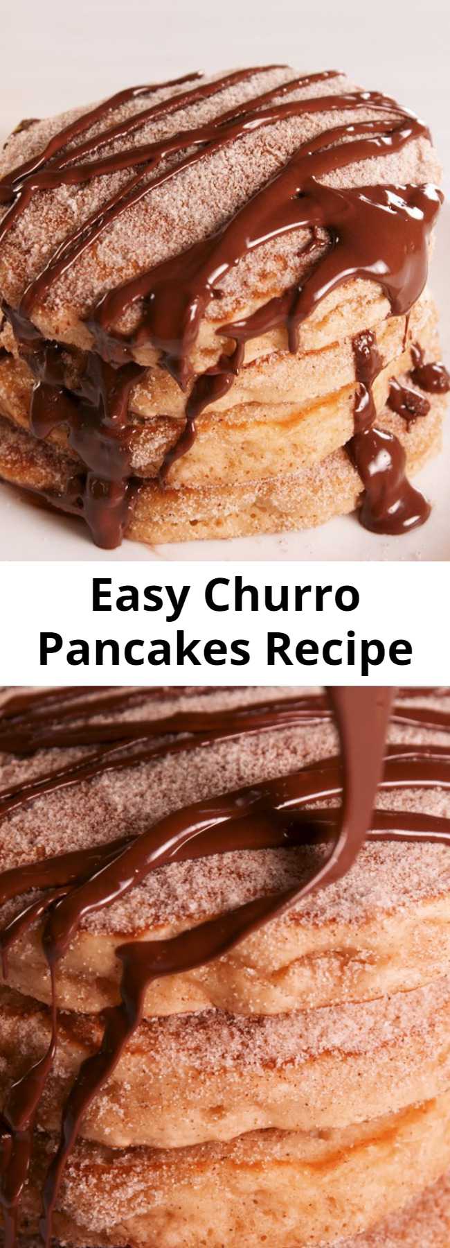 Easy Churro Pancakes Recipe - Churro pancakes are BEYOND fluffy. Cinnamon, brown sugar, and melted chocolate make these a brunch staple. #easy #recipe #churro #Pancakes #churropancakes #brownsugar #breakfast #brunch #indulgent