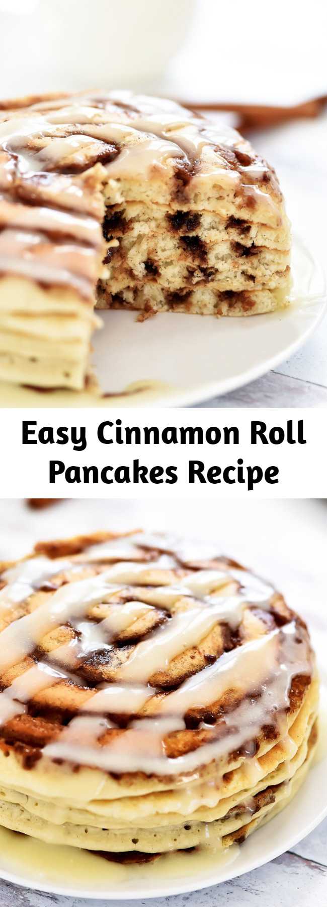 Easy Cinnamon Roll Pancakes Recipe - These Cinnamon Roll Pancakes will be the star of the show at breakfast time! Swirls of cinnamon through out and topped with cream cheese glaze!