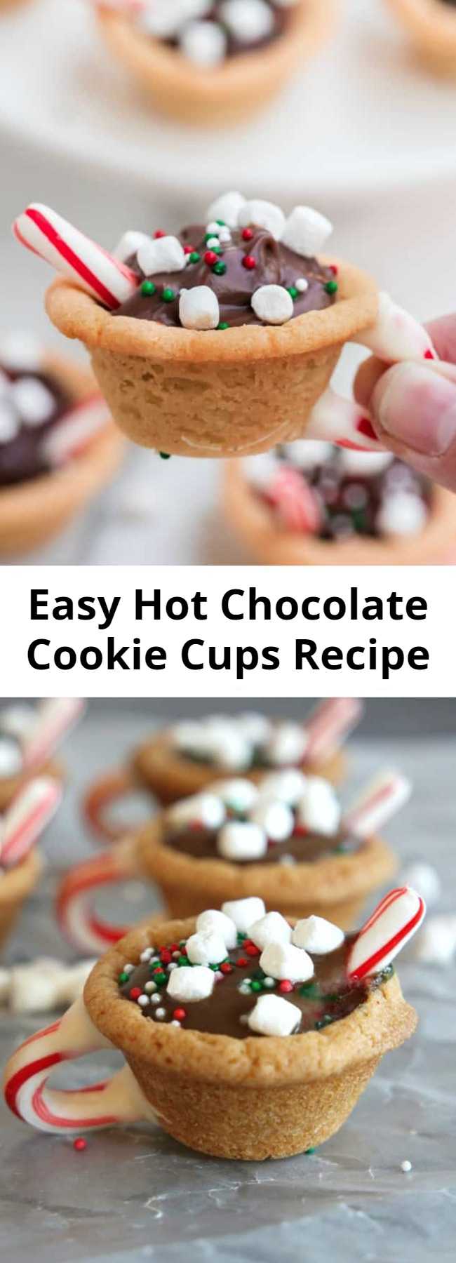 Easy Hot Chocolate Cookie Cups Recipe - These Hot Chocolate Cookie Cups are made with ready to bake sugar cookie dough and pudding cups! So easy to make and they are a super fun holiday dessert and are perfect for Christmas parties, cookie exchanges or just to put a smile on someone’s face!