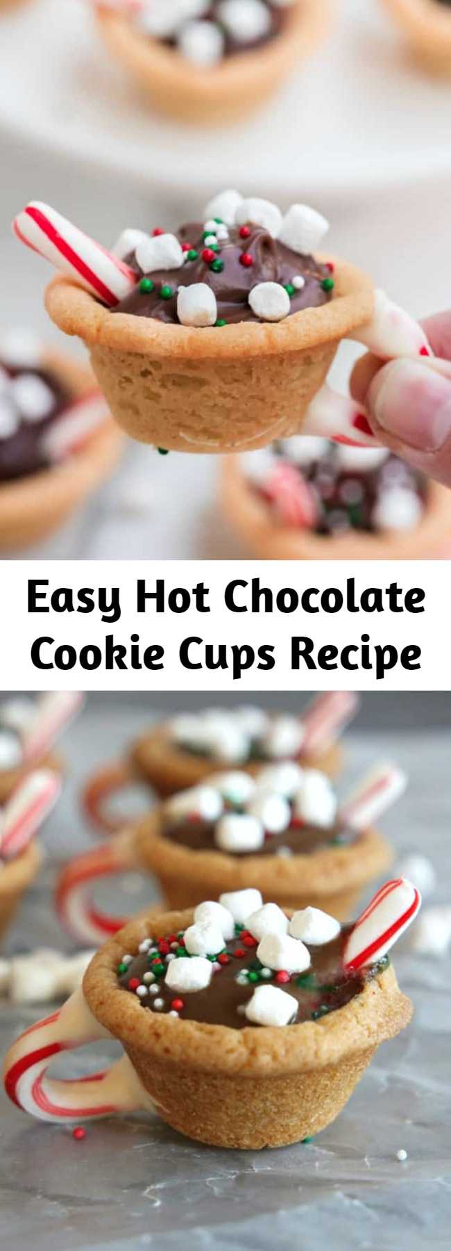 Easy Hot Chocolate Cookie Cups Recipe - These Hot Chocolate Cookie Cups are made with ready to bake sugar cookie dough and pudding cups! So easy to make and they are a super fun holiday dessert and are perfect for Christmas parties, cookie exchanges or just to put a smile on someone’s face!