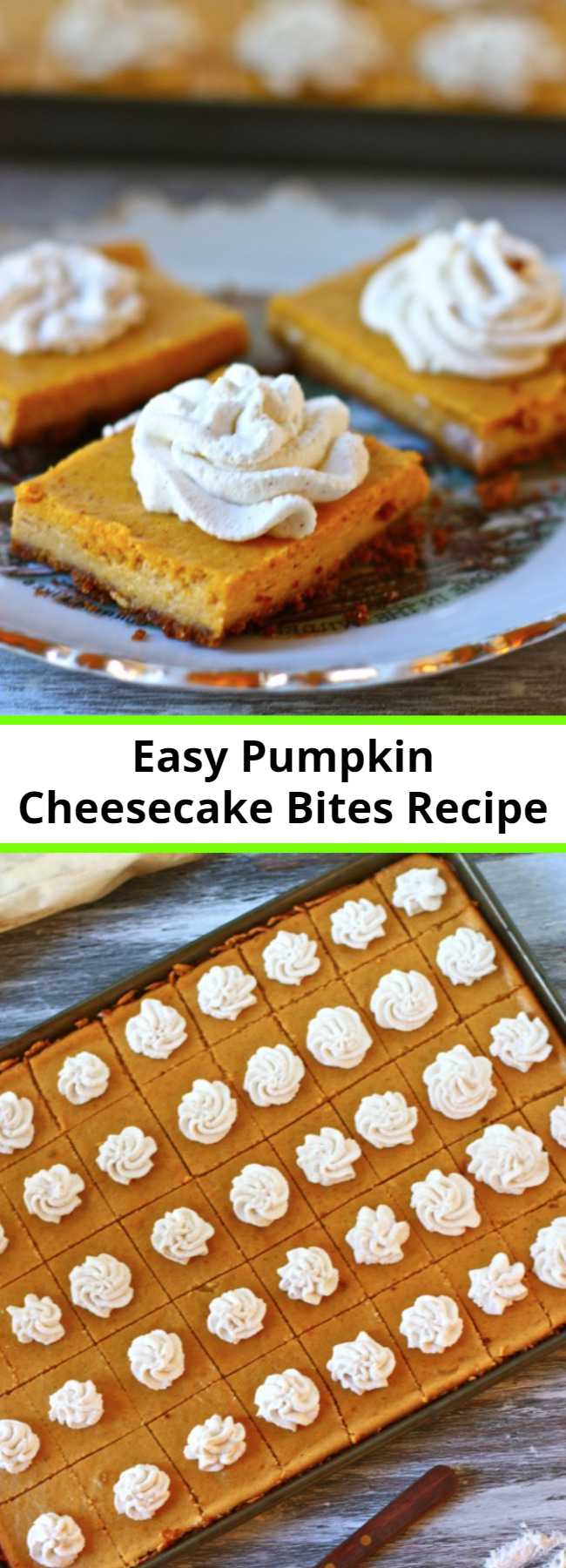 Easy Pumpkin Cheesecake Bites Recipe - These pumpkin cheesecake bites are for all the non-pumpkin pie lovers in the world…along with everyone else. They’re great to make to feed a crowd, but also great as something small and sweet after any ol’ dinner. Just a warning: they are highly addictive.