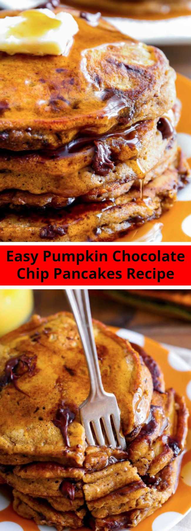 Easy Pumpkin Chocolate Chip Pancakes Recipe - These pumpkin chocolate chip pancakes are the epitome of a cozy fall breakfast! Moist and fluffy, they’re wonderful with a pat of butter and a cascade of maple syrup. You’ll love starting fall mornings with a happy stack of these thick, and flavorful pumpkin pancakes.